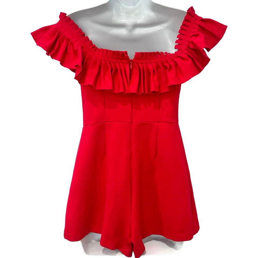 Urban Outfitters Cherry Red Rouge Off Shoulder Ruffle Heather Shorts Romper sz 2 - Picture 7 of 14